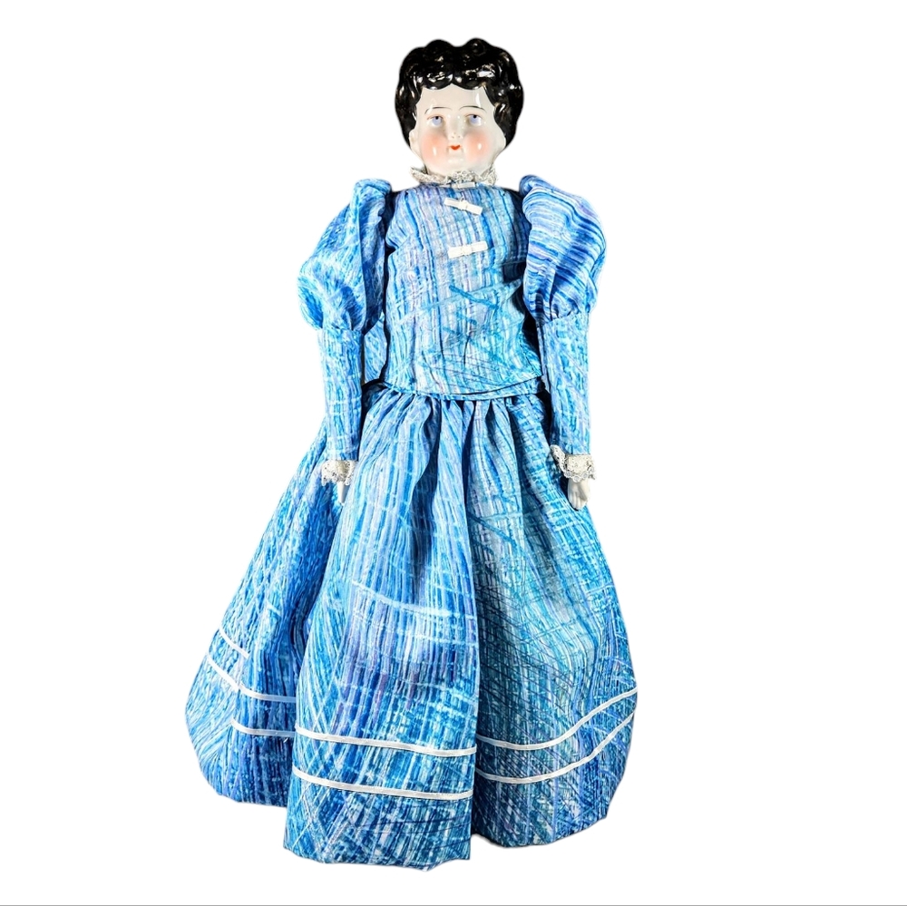 Antique Porcelain China Head Doll Leather Body 16 in